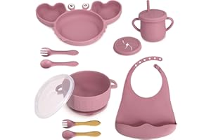Ckbuity Baby Weaning Starter Kit, Silicone Baby Weaning Set, Baby Feeding Set of 10 with Weaning Bib, Sippy Cup, 2 sets Cutlery, Baby Suction Plate and Suction Bowl, Baby Feeding Set, Baby Gifts, Pink