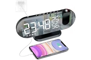 GUIRUO Digital Alarm Clock, Projection Clock with 7.3Inch LED Radio 180 Degree Projector Modern Mirror Surface Snooze Function/2 Sounds/4 Dimmer/USB Phone Charg-er (Black) (GUIRUO0011)
