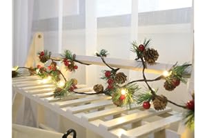 Queta Girlanda bożonarodzeniowa, dekoracja bożonarodzeniowa, girlanda sosnowa, ulepszona miedziana girlanda świetlna ze stożkami, sztuczne jagody na drzwi, schody, kominek, świąteczny wieniec (3 m, 30