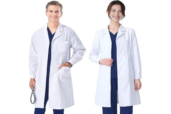 FAHAKO Vit Laboratorieklänning Kvinnor Män Klänningar Kemiskt Laboratorium Bomull Medicinsk Rock Kemisk Långärmad Klänning Sjuksköterska Kostym Arbete Med Knappar För Skolan Sjukhus Cosplay