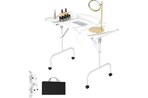 LARS360 Składany stół do manicure, stolik do paznokci z odsysaniem, stół do manicure do studia paznokci, ruchomy z rolkami, poduszką ręczną, szufladą i torbą do przechowywania (biały rysunek słojów)