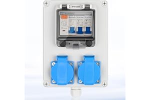 Warmfay Baustromverteiler Vorverkabelt Stromverteiler, 2x 230V Schuko Steckdosen, Wandverteiler mit 1x FI-Schalter 25A + 2x LS Schalter 16A 1P, IP67 Wasserdicht Gehäuse für Innen und Außen