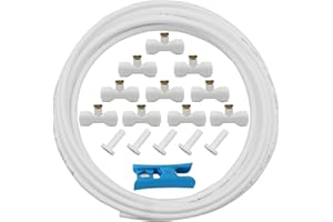 CESFONJER Sistema de Nebulización Refrigeración, Kit Nebulizador Terraza, Manguera de 5 m + 10 boquillas de niebla+ 10 asientos de niebla + 5 tapón final para patio, jardín, invernadero (Blanco)