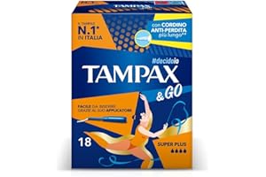 Tampax & Go Super Plus, 18 assorbenti interni con applicatore in plastica, dotati di presa antiscivolo e doppio cordino protettivo. Ideali per flussi molto abbondanti