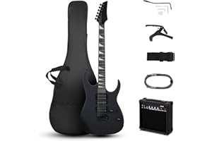 LALAHO 39 Inch Beginners Electric Guitar Kit with H-S-H Pickup, Solid Body Electric Guitar Set with 20W Amplifier, Tremolo Arm, Bag, Pick, Shoulder Strap, Cable (Matte Black)