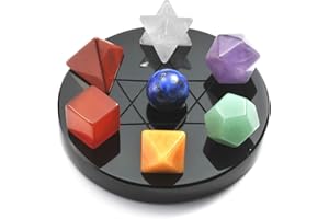 Top Plaza 7 Chakra Healing Crystals Kit Sacred Geometry Platonic Solids Crystals Reiki Tumbled Stones Set Lucky Decoration W/Black Obsidian Stand