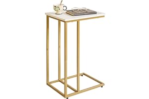 Aibiju C Shaped Side Table, End table, Laptop Holder Table for Study, Work, Industrial for Small Space,Living Room, Bedroon, Metal Frame, Modern, White Faux Marble and Gold Metal Frame, YD-TM051G