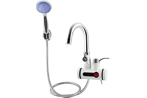 WOGQX Robinet De Chauffe-Eau Électrique Pour Douche, Chauffe-Eau Instantané 220 V Avec Affichage Numérique LED, Robinet De Cuisine Avec Pommeau De Douche, Pour Cuisine, Salle De Bain, 3000 W,Lateral bend