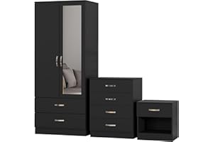 Nera Bedroom Furniture Set 3 Piece Set Wardrobe with Drawers Chest of Drawer Bedside Table Bedroom Storage (With Mirror Matt Black)