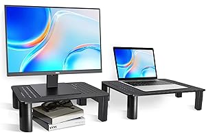 Pholiten Soporte para Monitor, Soporte Pantalla Ordenador de Metal (370 x 235mm), Altura Ajustable en 3 Niveles con Diseño de Ventilación, Capacidad hasta 20 kg, Elevador Monitor (Paquete de 2)