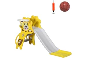 AIYAPLAY Tobogán Infantil 3 en 1 Tobogán para Niños de 18 a 36 Meses con 2 Escaleras 1 Canasta de Baloncesto y Patrón de Animal para Interior 131x50x74 cm Amarillo y Gris
