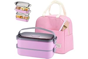 Haoh Bento Lunch Box Kit, 1600ml 2 Etages Boite Repas avec Sac Isotherme Repas, Hermétique Boîtes Bento pour Pique Nique, Travail, Goûter, Ecole, Boîte à Lunch Micro Ondable(Rose)