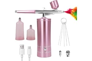 GOEDCH Kit Aérographe Multi Fonctions avec Compresseur: Kit Aérographe Sans Fil avec Compresseur d'air, Brosse à Air Rechargeable pour Nail Art, Décoration de Gâteau, Modélisation de Tatouage (Rose)