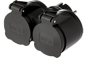 Electraline 55074 Adattatore da Esterno 2 prese Schuko, Resistente all'acqua IP44, Spina tedesca, Multipresa 2 posti schuko con tappo, Nero