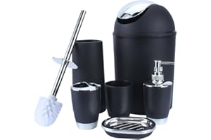 ‎GREENSEN Badezimmer Set, Badset Badezimmer Zubehör Set Schwarz 6-Teiliges mit Seifenspender Seifenschale Zahnbürstenbecher Zahnbürstenhalter Abfalleimer Wc-Bürste mit Halter Kunststoff