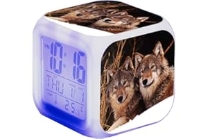 NICOLE KNUPFER Wolf Wecker Kinder Wecker LED Night Nachttischwecker Quadrat Beleuchteter LCD Uhr Wake Up Wecker Geschenk Muster Wolf (#10)
