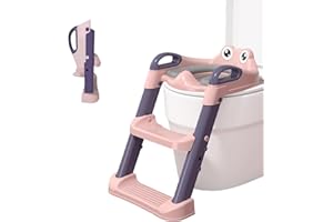 Balakaka Riduttore WC per Bambini con Scaletta, Pieghevole Baby Training WC Vasino Sedile,Antiscivolo,Regolabile in Altezza, Sedile Rialzato con Morbido Cuscino per Bambini 1-7 Anni, Rosa