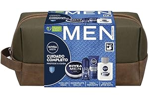 NIVEA MEN Pack Cuidado Completo Neceser, Set de regalo para hombre con crema facial (1 x 75 ml) crema hidratante todo el cuerpo (1 x 150 ml), bálsamo after shave (1 x 100 ml), desodorante (1 x 100 ml)