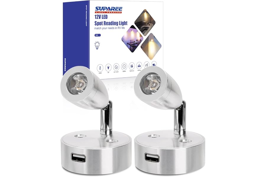 SUPAREE 12V LED Lights Caravan Campervan Lights LED Dimmable 12V Reading Light USB Touch Switch 3200K for RV Van Motorhome Boat 2Pcs