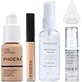 Phoera Foundation Full Coverage Makeup Set - Includes Warm Peach 30ml Matte Foundation, Phoera Concealer (Beige), 6ml Face Primer, 50ml Setting Spray & Silicone Blender Sponge for Easy Application