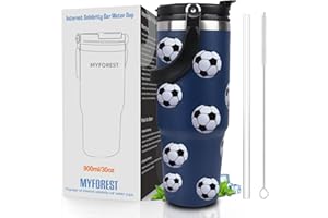 MYFOREST Kubek termiczny ze słomką, stal nierdzewna, podwójne ścianki, z górnym uchwytem, ​​szczelna pokrywa 2 w 1, do gorącej herbaty/kawy, zimnych napojów gazowanych, do mycia w zmywarce, 900 ml