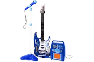 BSD Guitarra Eléctrica Rock con Cuerdas de Acero, Amplificador, Micrófono y Soporte Ajustable - Guitarra Infantil Rock - Azul