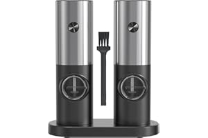 IraXpro Ensembles de Moulin à Sel et Poivre Electrique,Moulin a Poivre avec Base,Petite Brosse,Lumière LED,Alimenté par 4 Piles AAA (non incluses),Finesse de Broyage Réglable (Argenté-Batterie-16)