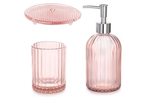 MEPURE Bathroom Accessories Set 3pcs, Pink Glass Bathroom Accessories with Soap Dispenser, Toothbrush Holder Cup, Soap Dish, Bathroom Vanity Countertop Accessory Set (Pink)