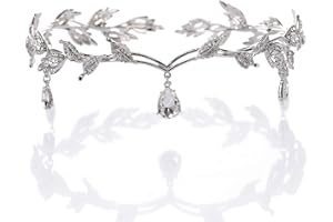 LARFRAECY Dea Tiara con Strass e Foglie Tiara Elfica Crystal Strass Tiara Ciondolo Cristallo Fiori per Capelli Comunione Elfo Corona Comunione Sposa Cristallo Perline Wedding Head Band Nuziale Strass Hairband