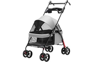 SANON Travel Pet Stroller, Dogs Cats Foldable Travel Carriage with 4 Wheels Cup Holder Rain Cover Small Medium Sized Dog Cat Trolley Pushchair for Small Puppy, Gray