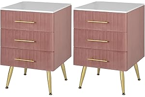 WOLTU 2X Mesita de Noche con 3 Cajones Mesilla Auxiliar Sofá Mueble con Espacio de Almacenamiento Mesa de Café 40.5x41x62cm Blanco Rosa Terciopelo MDF TS135rs-2