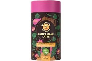 Cheerful Buddha Superfood Löwenmähnen-Latte, köstliche, koffeinfreie Alternative zu Kaffee, angereichert mit Superfoods, kein koffeinbedingtes Zittern, ohne Zucker, Kurkuma-Latte, 150 g