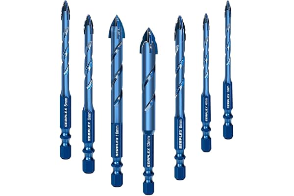 Serplex 7Pcs Masonry Drill Bit Set, Industrial Strength Tungsten Steel Carbide Drill Bit Tip, 3/4/5/6/8/10/12mm Drilling Bits with Hexagonal Handle, for Wood, Glass, Tile, Metal (within 3mm), Plastic