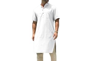 GAFENG Kurta Men's Cotton Linen Kaftan Short Sleeve Plain Dress Shirt