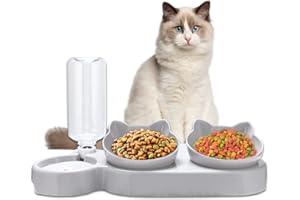 EPROICKS Gamelle Chat Double Surélevée, Distributeur Croquettes et Eau pour Chats et Chiens Automatique, Inclinable à 15° Protection du Cou, Anti-Vomissement, pour Petits Animaux(Gris)