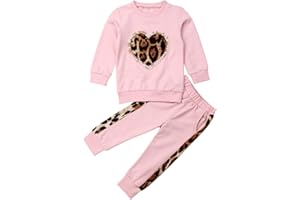 Carolilly Ensemble Enfant Bébé Fille Hiver Pantalon + Sweat-Shirt à Manches Longues avec Coeur Léopard Imprimé Rose (1-7 Ans)