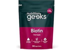 NUTRITION GEEKS Biotin Hair Growth Supplement - 1 Year Supply High Strength Biotin 10,000mcg Per Tablet, Hair Skin and Nails Vitamins for Women & Men, 365 Vegan Biotin Tablets - Easy to Swallow UK Made Hair Vitamins