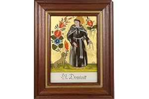 Hinterglaswerkstätten - Hinterglasbild/Patronatsbild Hl. Dominik mit braun gebeizten Holzrahmen, handbemalt mit Legende des Heiligen auf der Bildrückseite, ca. B: 12,5 x H: 16 cm