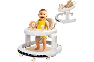 EULEUY 3 in 1 Foldable Baby Walker,Kids Activity Push Walker Sit and Stand Height Adjustable with 360° Quiet Wheels,Dinner Tray and Game Play Center with Music,Gift for Girls Boys Toddler (Light Brown)