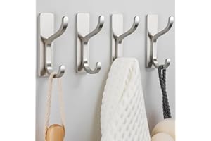 pickpiff Self Adhesive Hooks for Hanging: Heavy Duty Stick On Hooks (Hold 6KG), Coat Hook,Towel Hooks for Bathroom,Door Hooks Hanging Towel, Kitchen Hook,Metal,Brushed Silver, 4 Pack