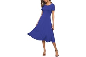 EXCHIC Mujeres Casual Sólida Cuello Redondo Midi Vestido Elástico Manga Corta Verano Vestido Largo