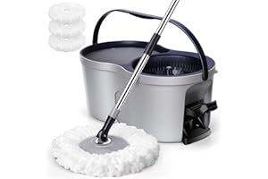 Eukue Mocio Rotante a 360° con Secchio e 3 Teste Intercambiabili - Spin Mop con Manico Telescopico, Set di Mop in Microfibra, Secchio Lavapavimenti Doppia Vasca con Pedale - Ideale per Pavimenti