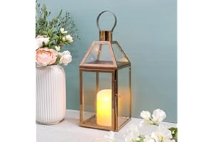JHY Design Stainless Steel Candle Lanterns, 34cm High Hanging Lantern Glass Lanterns Balcony Accessories for Candles Indoor Outdoor Parties Wedding Gift Garden Hallway Patio Living Room(Rose Gold)