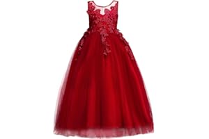 IWEMEK Kids Big Girls Tulle Lace Dress School Girls Communion Ball Gown Dance Pageant Birthday Christmas Party Prom Evening Bridesmaid Wedding Flower Dress Sleeveless Floor Length 5-16 Years