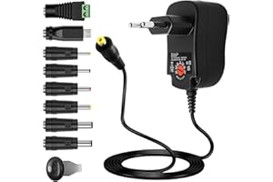 INAJOKE 12W Adaptateur Secteur Universel AC/DC 3V 4.5V 5V 6V 7.5V 9V 12V avec 8 Connecteurs DC Transformateur d’Alimentation Multi-Tension pour Lumineuse Routeur TV Box Caméra Tablette 1000mA Max