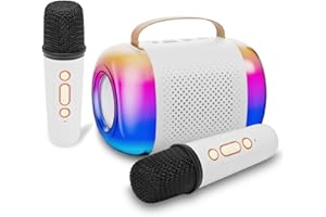 Gaberlee Kids Karaoke Machine - Portable Bluetooth Speaker with 2 Microphones for Kids - Dual Frequency Dual Speakers and LED Light - 10 Hours Duration - 3-18 Years Old (White)