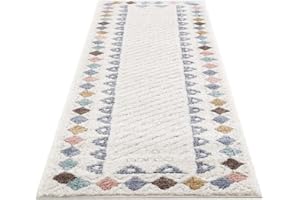CARPET CITY Bieżnik dywanowy z wysokim runem do przedpokoju – 80 x 300 cm – bordiura w stylu boho, kremowa, wielokolorowa, z wysoką głębokością, efekt 3D, puszysty, miękki, do sypialni, z długim runem