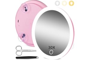 HMGGOOFA 30X Magnifying Mirror with Light, 30X Magnified Mirror with 3 Color Lights and Adjustable Brightness, 6inch Travel High Magnification with 3 Suction Cups Easy Mounting - Includes Tweezers & Scissors