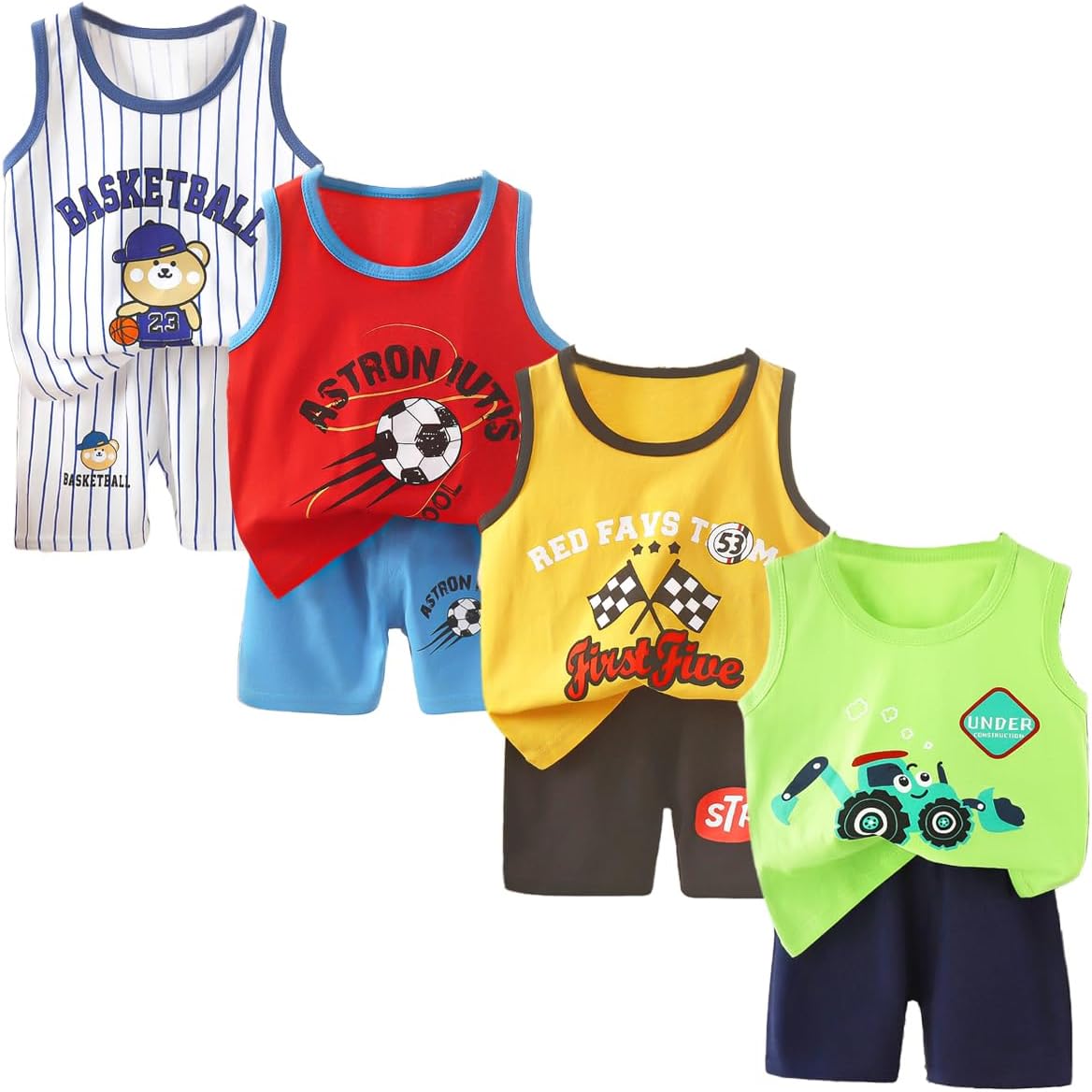 XM-Amigo Conjunto de Chaleco sin Mangas y Pantalones Cortos para Bebé Niño Niña 8 Piezas 4 Diseños Algodón Estampado de Dibujos Animados 3 Meses-7 Años