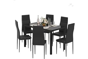 Jooli H Dining Table and Chairs Set 6, Modern Glass Table with 6 High Back Faux Leather Chairs for Home Office Use (Black)